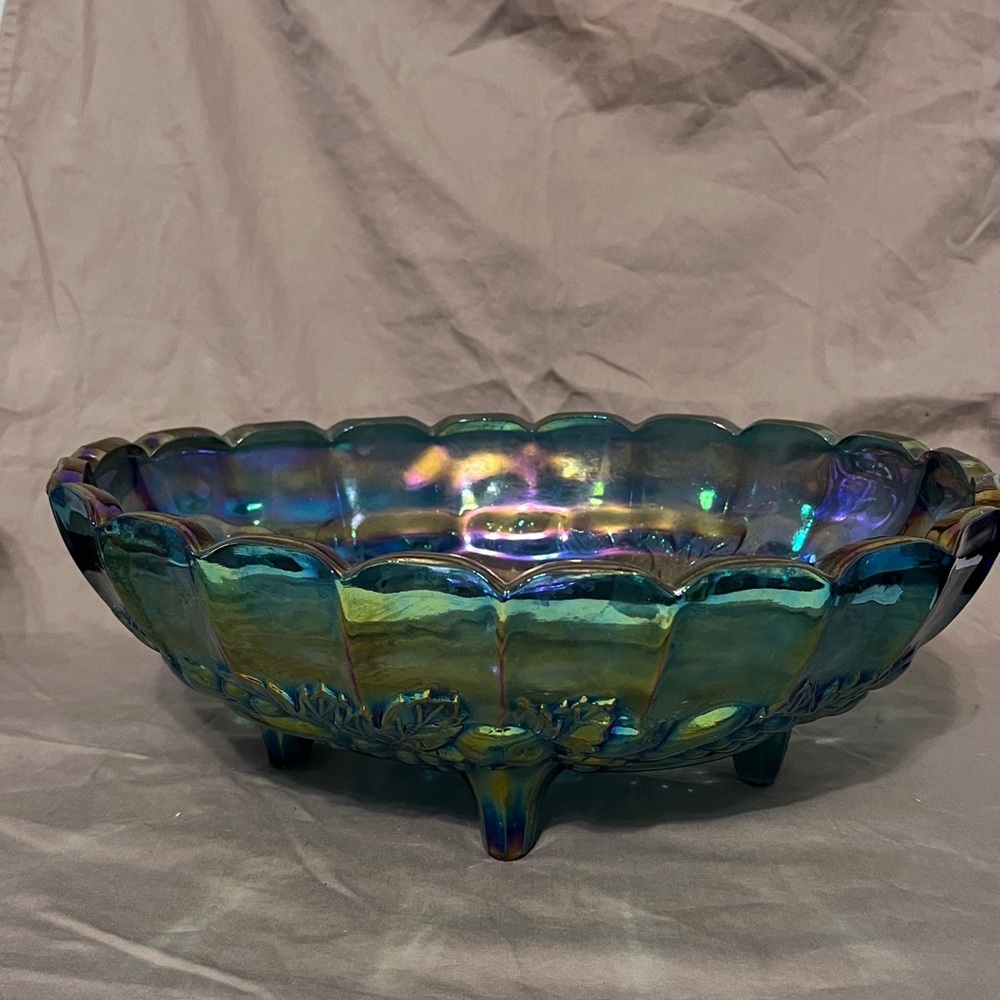 Indiana Harvest Grape Iridescent Blue Oval Footed Fruit Bowl Carnival Glass